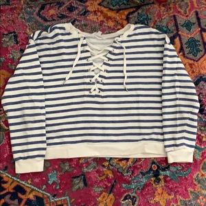 Blue and white striped cropped V-neck sweatshirt